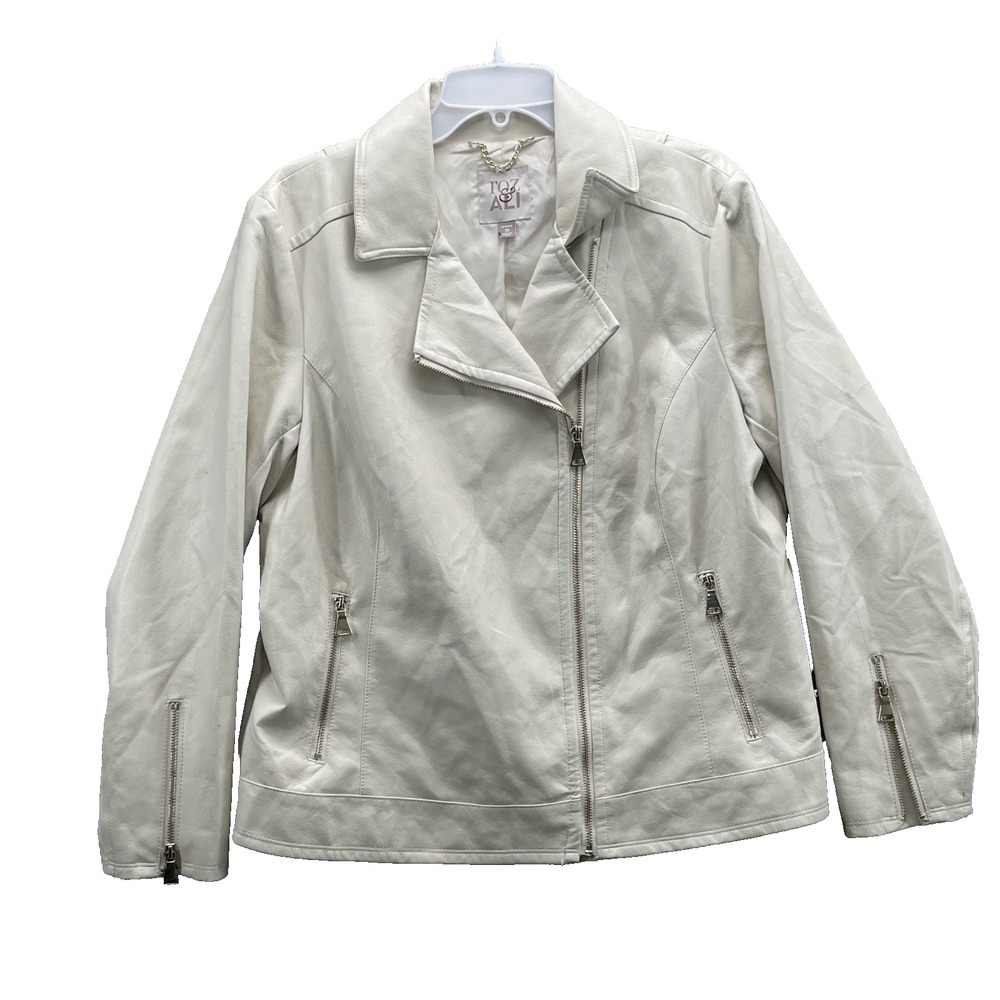 Roz & Ali Moto Jacket Women's 1X White Vegan Leather Grunge Biker Chic 90's Boho